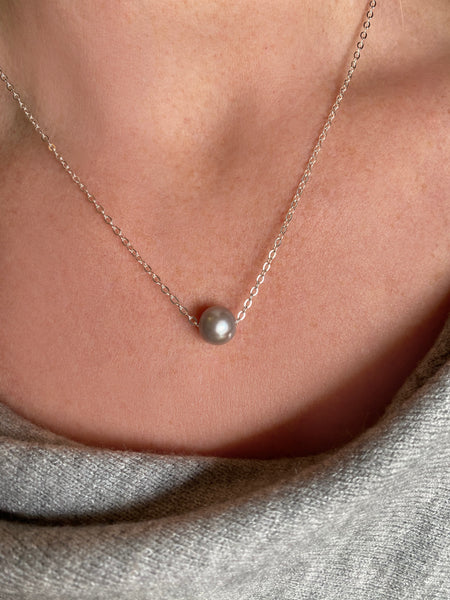 Grey Pearl on Silver Chain Necklace